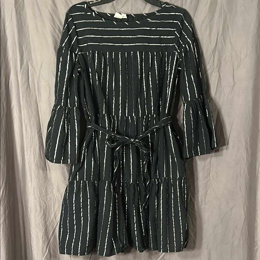 GAP Black & Silver Tiered Sundress with Bell Sleeves and Tie Waist Belt